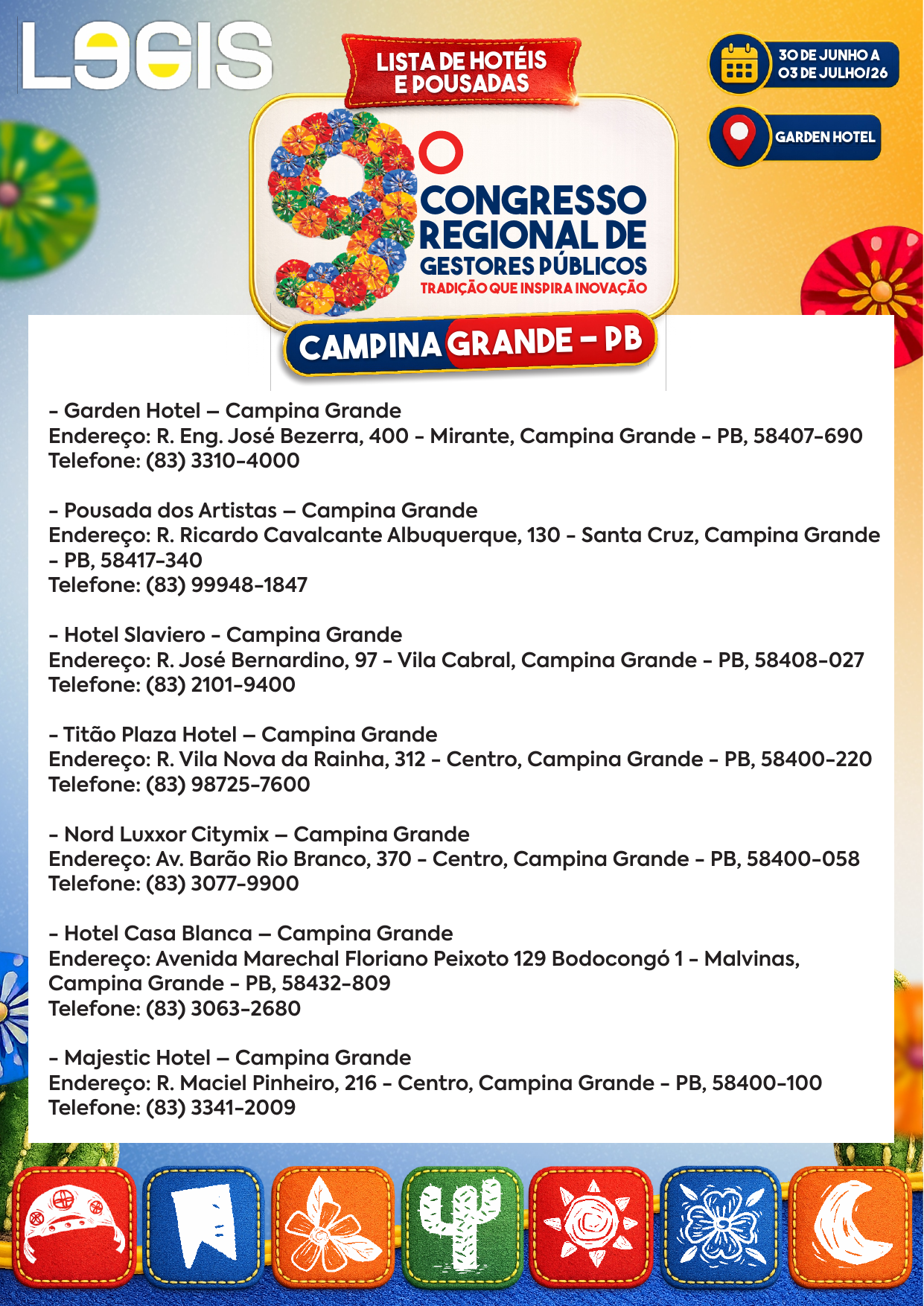 Lista oficial de hoteis e pousadas para o congresso em Campina Grande